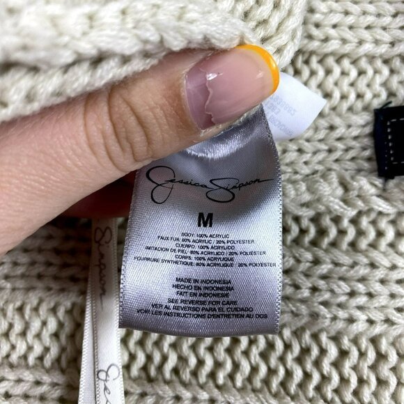 Jessica‎ Simpson Tan/White Faux Fur Cable Knit Scarf Vest Cardigan Size Medium - Picture 11 of 12